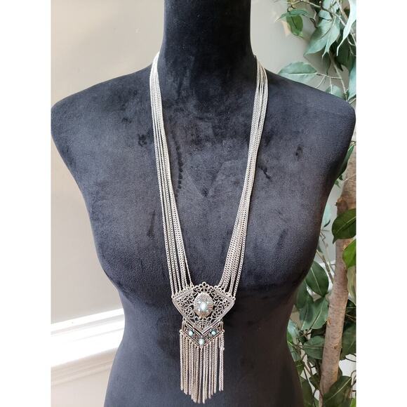 Women's Vintage Boho Statement Necklace Silver Tone Chain with Turquoise Stones - Picture 1 of 7